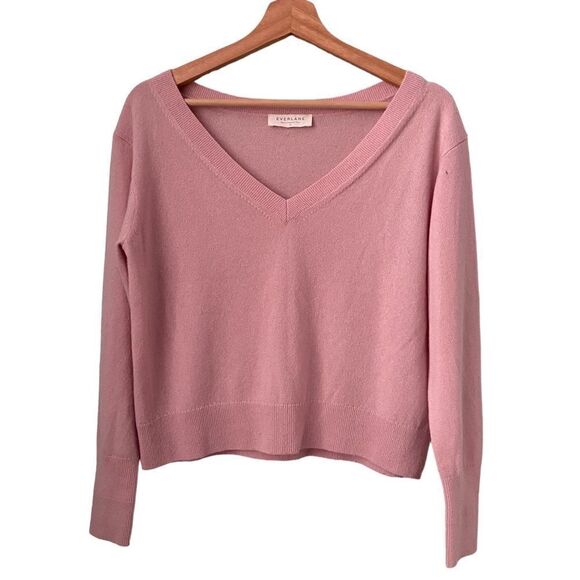 Everlane The Cotton Long Sleeve V-Neck Oversized Cropped Sweater Pink in Size XS - Picture 3 of 10